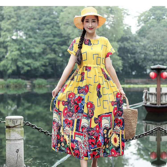 Ethnic Print Elegant Dress Female Summer Loose Size Short Sleeve Art Vintage Loose Waist Long Dress