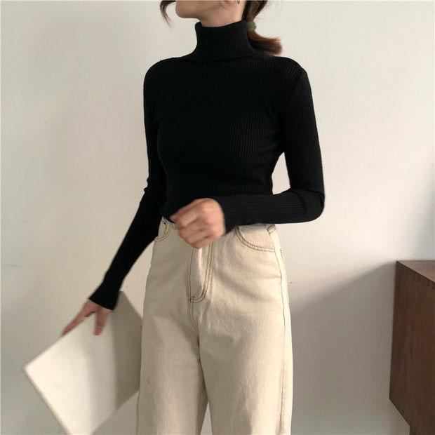 Women's Autumn and Winter Solid Color Thick Sweater Female Knitted Ribbed Pullover Sweater Long Sleeve Turtleneck Slim Soft Warm Sweater