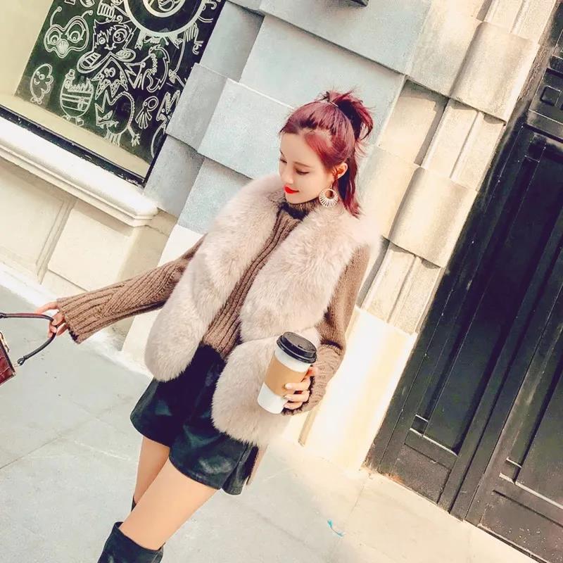 Autumn Winter Warm All-match Fur Vest Women's Leather Jacket Fashionable All-match Imitation Faux Fox Fur Waistcoat Stitching  Vest Short Jacket Slim