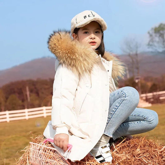 Children's Down Jackets Girls Western Style Mid-length Big Children's Winter Thick White Duck Down Hooded Warm Jacket with Fur Collar