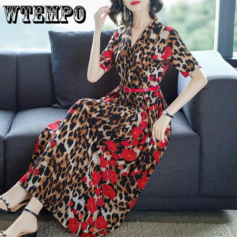 2019 Summer New V-neck Leopard Print Simulation Silk Dress Female Retro Slim Slimming Long Dresses