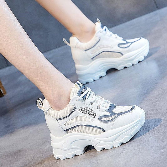 Women's 7cm Height Increase Shoes White Shoes Casual Shoes Mesh Breathable Sneakers Light Color High Heels Sports Casual Shoes