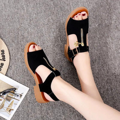 Women's Flat Sandals Summer One Word Buckle Shoes Zipper Stitching Flat Heels Simple Korean All-match Casual Sandals Soft Sole Comfortable Sandal