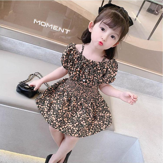 Children Dress Spring Summer Girls' Sling Dress Floral Skirt Short Sleeve Girdle Broken Flower Princess Skirt