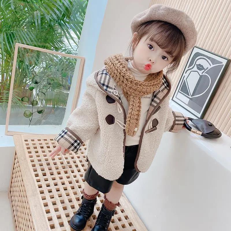 Girls Coat Autumn and Winter Lamb Cashmere Children's Western Style Long Coat Girl Baby Fur All-in-one Trendy Cotton Coat