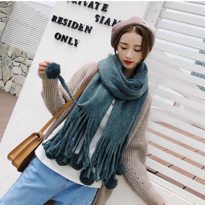 Scarf Female Autumn and Winter Fur Ball Tassel Thick Warm Plaid Shawl Scarf