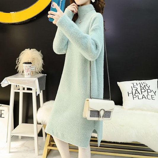 Autumn and Winter Imitation Mink Velvet Sweater Skirt Women Long Section Over The Knee Lazy Wind Half High Neck Bottoming Dress Women