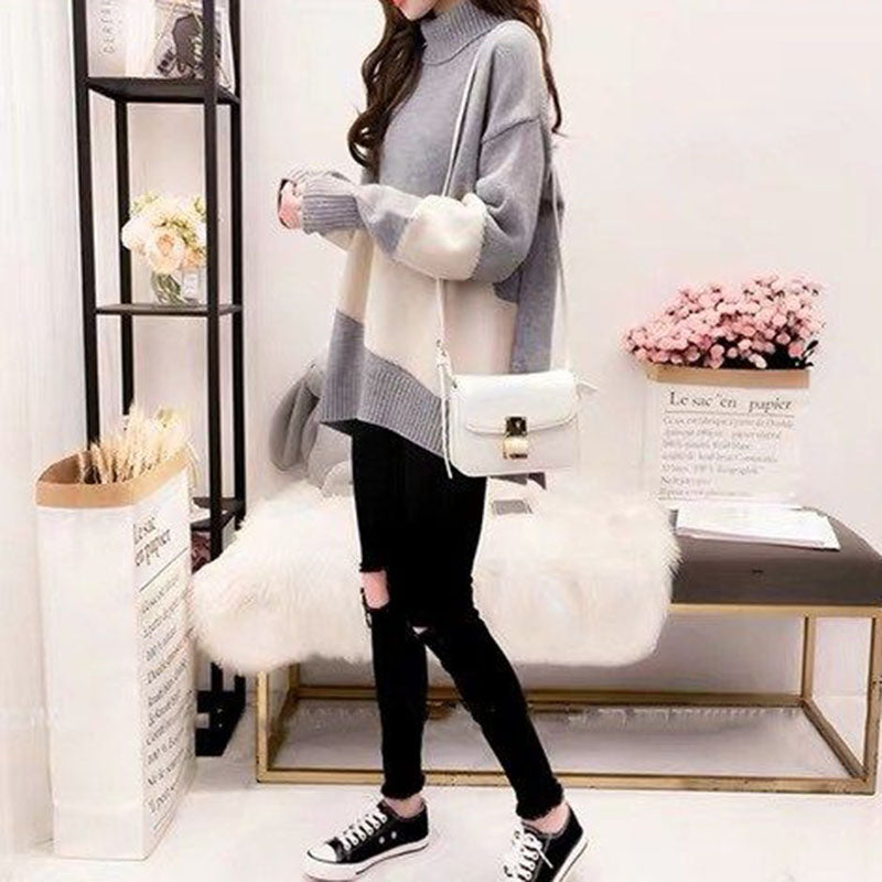 Autumn and Winter High Neck Thick Sweater Pullover Loose Casual Jacket Color Matching Simple Female Jacket