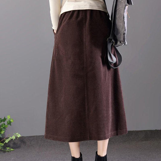 Corduroy A-line Skirt Women Loose Fall/winter Single-breasted Plus Size Skirt High-waisted Corduroy Long Skirt with Pockets