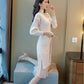 Autumn Winter Women's Long Sweater Dress Calf Length Slim Outer Wear Knit Dress with Belt