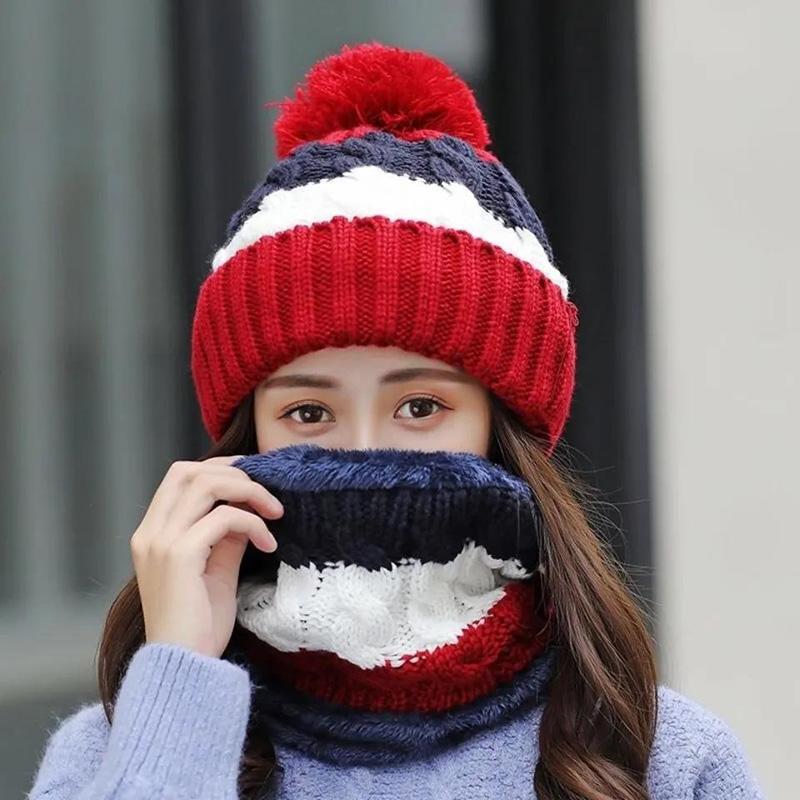 Women's Winter Knitted Hat Korean Style Woolen Cap Plus Velvet Fur Ball Warm Hat Cotton Cap Cycling Cold Proof Cap with Scarf Neck Protection