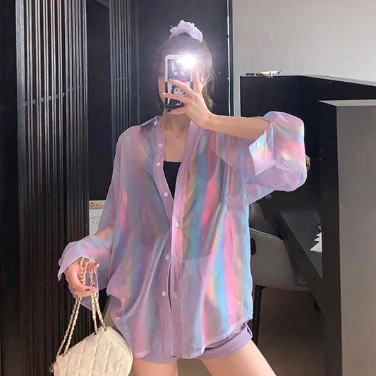 Women Summer Shirt Vintage Long Sleeve Cardigan Sunscreen Slim Multicolor Flashing Thin Versatile Mid-length Sunscreen Shirt