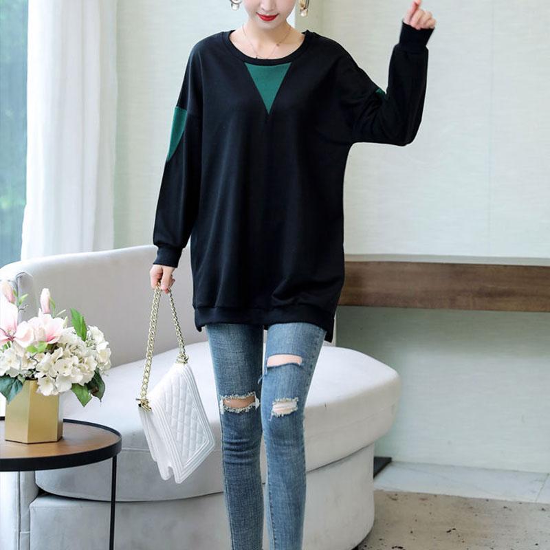 Big Size Women Cotton Tshirt Round Neck Loose Casual T-shirts Spring Fall Plus Size Splicing Tops Tee Pullover