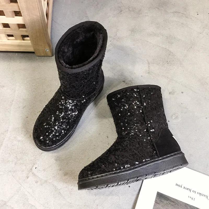 Snow Boots Women's Mid-tube Winter Korean Version of All-match Sequined Cotton Shoes Plus Velvet Warm Non-slip Boots