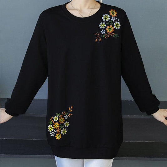 Women Casual Long Sleeve Polyester Loose Blouse Spring Round Neck embroidered decoration T-Shirt Vintage Tops Pullover