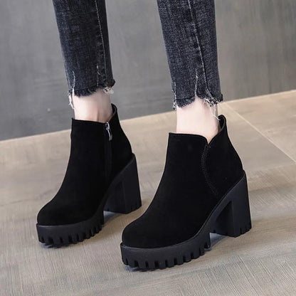 Women's Plush Thick Heel Ankle Boots Autumn and Winter Black Large Size Versatile High-heeled Short Martin Boots