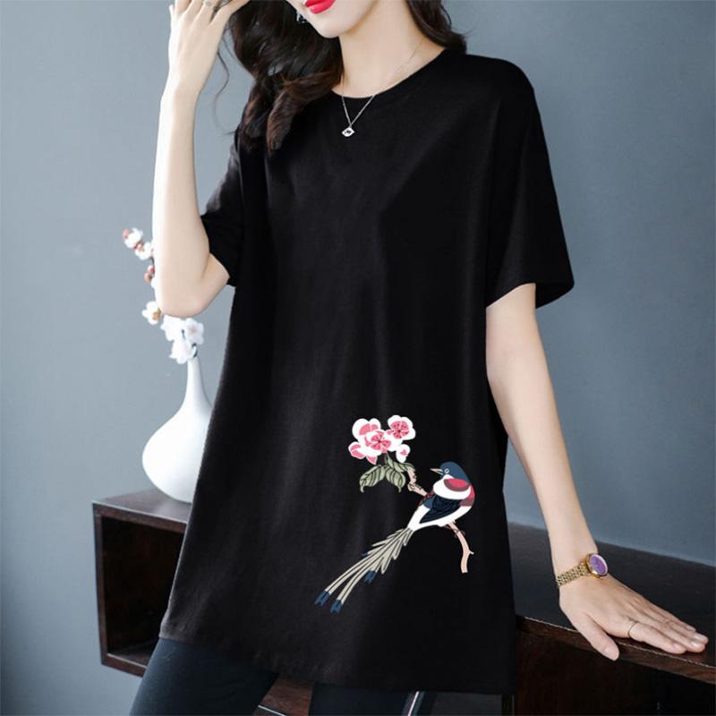 100% Cotton Short-sleeved Mid-length T-shirt Women's Summer Solid Color Pattern Printing All-match Thin Mid-length Top Trendy