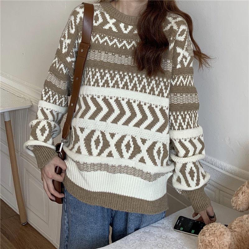 Autumn Winter  Women Fashion Sweater Casual Knitting Sweater Retro All-match Round Neck Pullovers Loose Casual Long Sleeve Sweater