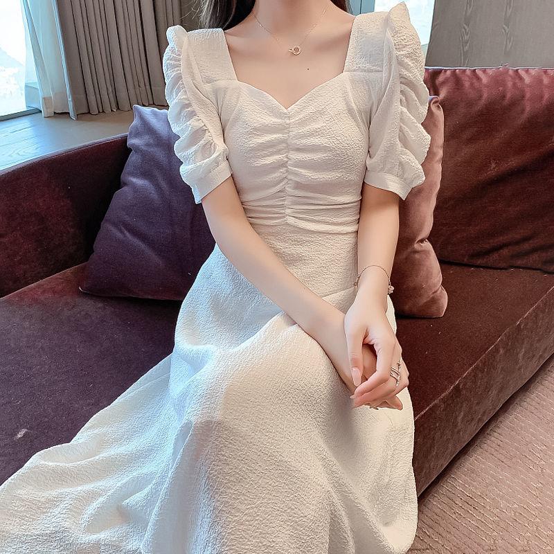 Female Simple Slim Puff Sleeve Dress Chiffon Shows Thin V-neck Soft Elegant Medium Length Party Dress