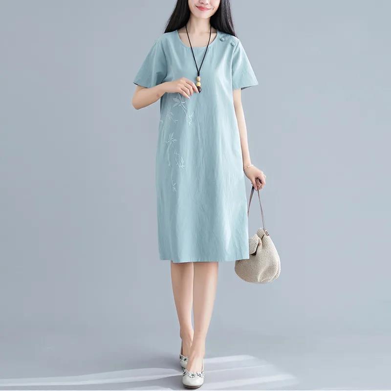 Cotton and Linen Embroidered Dress Women's Summer Ethnic Style Loose and Thin A-line Buckle Mid-length Dress