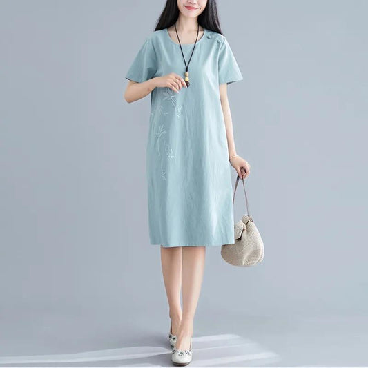 Cotton and Linen Embroidered Dress Women's Summer Ethnic Style Loose and Thin A-line Buckle Mid-length Dress