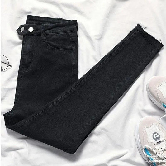 Women's Autumn High Waist Jeans Elastic Skinny Thin Pencil Pants Raw Edge Pants Ladies Jeans Sexy Denim Pants Trousers