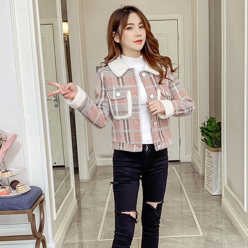 Winter Korean Style Plaid Fur Collar Casual Loose Jacket Women Fashion All-match Straight Short Top