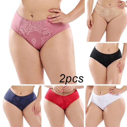 2PCS Plus Size Ladies Panties Sexy High Waist Briefs Fat Ladies Lace Panties L-5XL