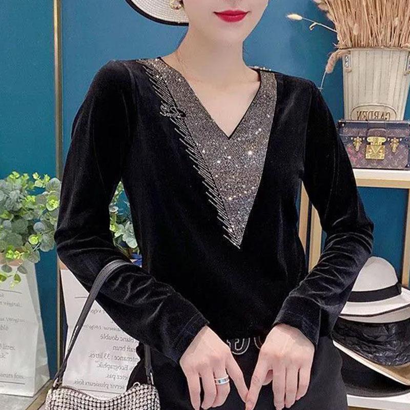 Spring Fall Women Sexy V-neck Gold Velvet top Elegant Blue Long Sleeve Wild Basic Shirts Vintage Casual Ladies Top Pullover