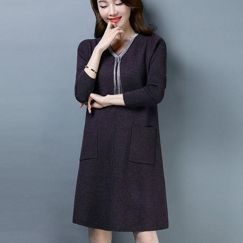 Autumn and Winter Knitted Simple Dress Mid-length Fashion Casual Bottoming Skirt Middle-aged Women Sweater Dress