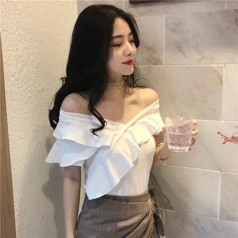 V-neck Top T-shirt Ruffled Comfortable Shirt Summer Korean Version Off Shoulder All-match Short-sleeved Tops Slim Thin Tops Women's Clothing