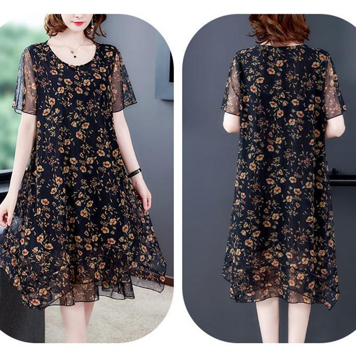 Large Size Short-sleeved Dress Women Summer Mid-length Round Neck Print Small Floral Comfort and Cool