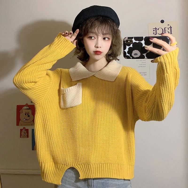 Autumn Winter Students Hit Color POLO Collar Loose Ins Lazy Long-sleeved Sweater Korean Version Trendy Tops