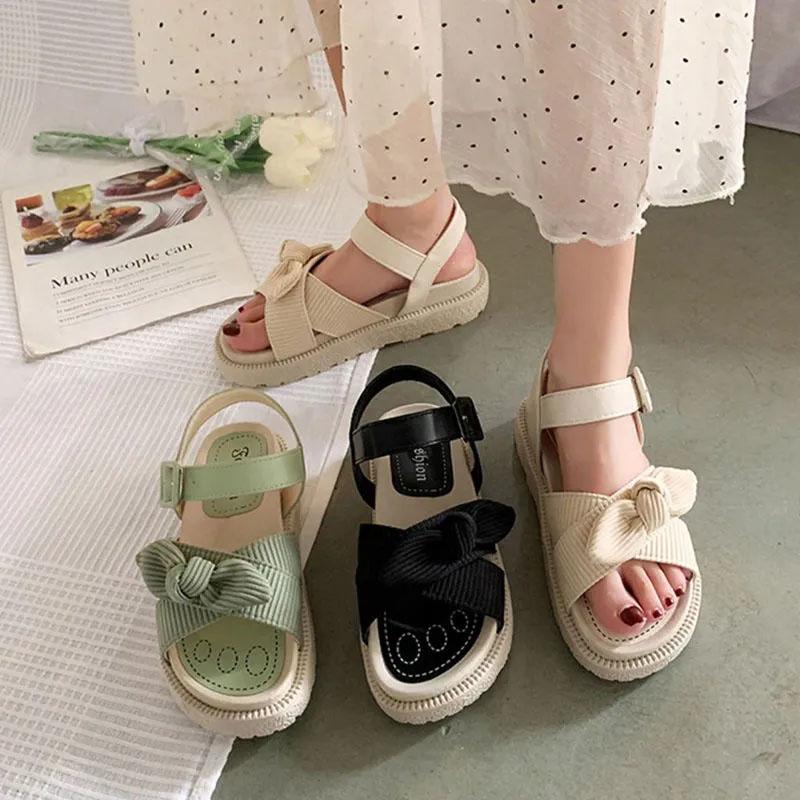 Women's Summer Flat Sandals Cute Bow Roman Thick-soled Beach Shoes Non-slip Comfortable Breathable Sandals