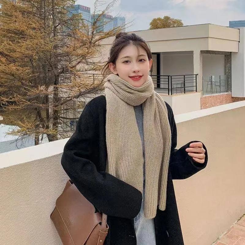 Women's Winter Knitted Scarf Pure Color Cashmere Thickened Warm Scarf Korean Simple Style All Match Wrap Shawl Neck Cover Long Handmade Neckerchief