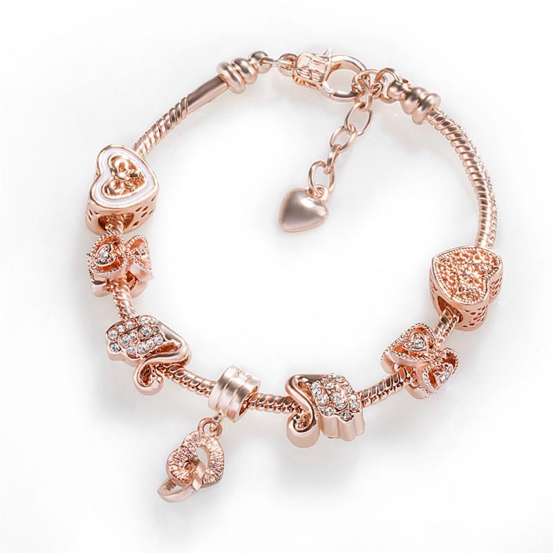 Fashion Rose Gold Heart-with-heart-shaped Bracelet Charm Bracelet Diy Beads Bracelet for Women Gift