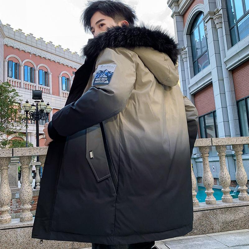 Winter Padded Jacket Plus Cotton Thickening Men's Mid-length Jacket Cotton Jacket Big Fur Collar Padded Jacket Gradient Color