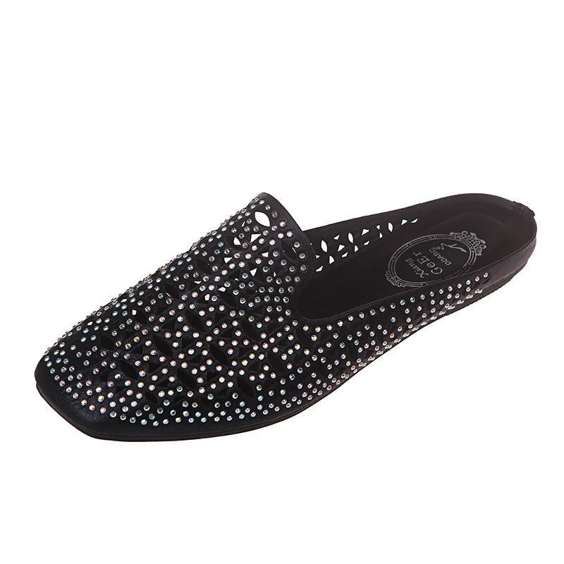 Woman's Fashion Casual Slip On Outdoor Slippers Crystal Hollow Out Flat Shoes