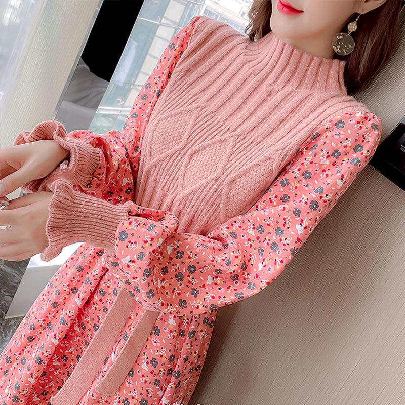 Autumn  Winter Corduroy Dress Women's Knitted Stitching Long-sleeved Long Floral Dress Sweet A-line Dress with Belt