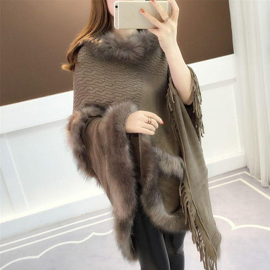 Autumn and Winter Imitation Fox Fur Cloak Shawl Bat Shirt Female Fur Collar Coat Plus Size Tassel Mid-length Sweater Coat