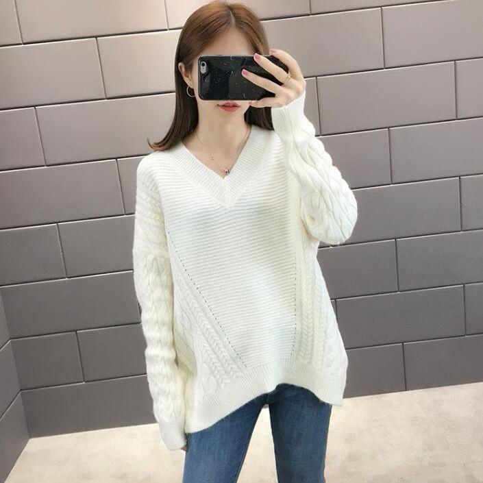 Solid Color Batwing Sleeve V-neck Sweater Autumn and Winter Loose Mid-length Bottoming Shirt