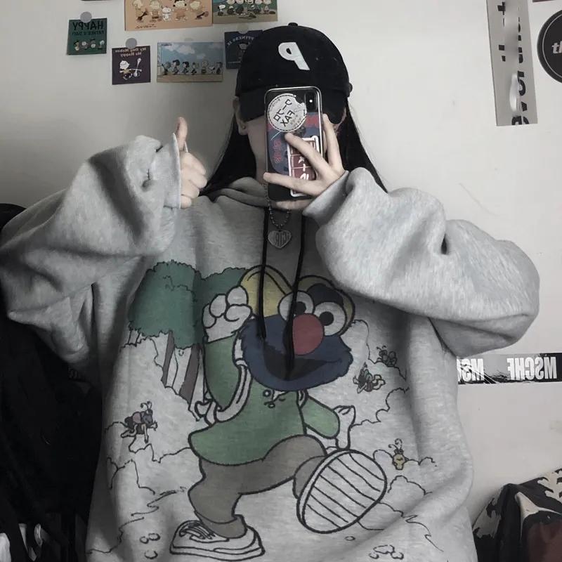 Hooded Sweatshirts Cartoon Printed Oversized Loose Harajuku Hoodies Women Winter Fleece Clothes Streetwear Hip Hop Pullover Tops Plus Size Sportshirts