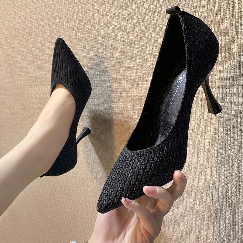 Flying Woven Single Shoes Women Spring and Autumn Pointed Toe Breathable High Heels All-match Nude High Heels Stiletto Shoes