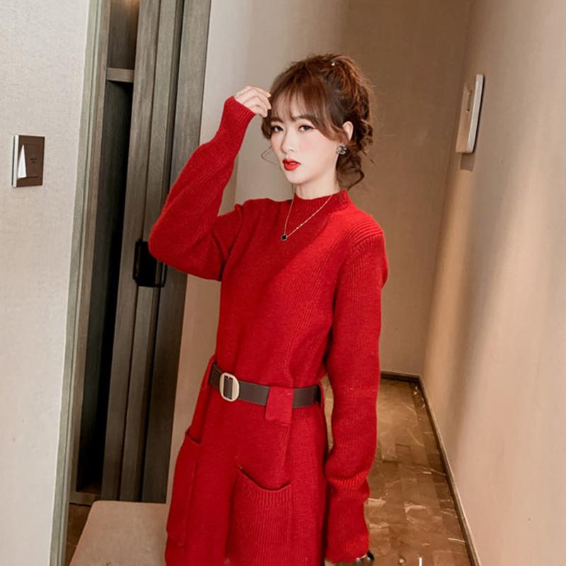 Korean Style Loose Outer Wear Mid-length Sweater Women Waist Slim Half Turtleneck Long Sleeve Autumn  Winter Base Sweater Dress