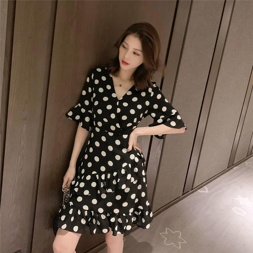 Women's Summer Korean Elegant Medium Length V-neck Wave Point Ruffle Waist Retro Slim Dress