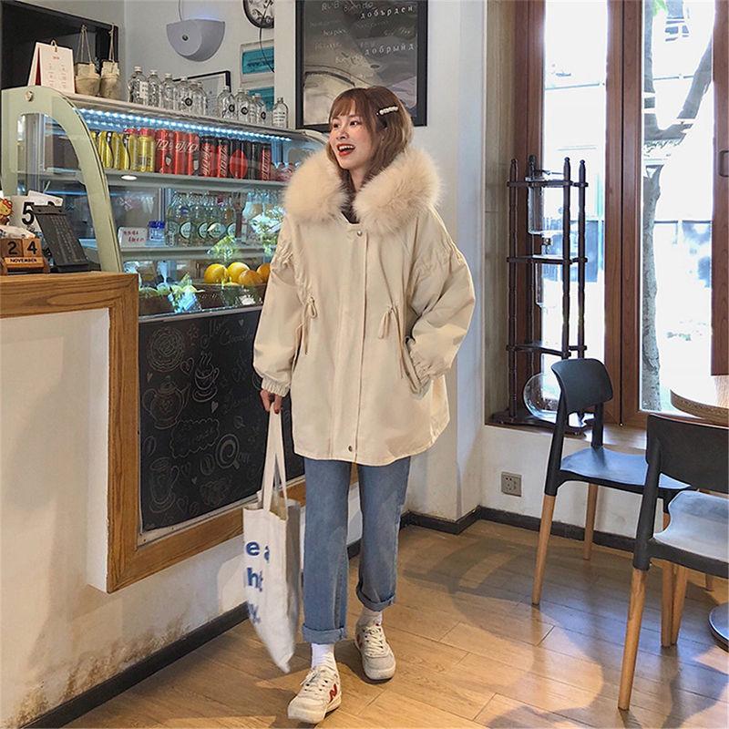 Cotton-padded Jacket Women's Winter Korean Student Loose-fitting Fur Collar Padded Jacket Plus Velvet Thick Mid-length Padded Jacket