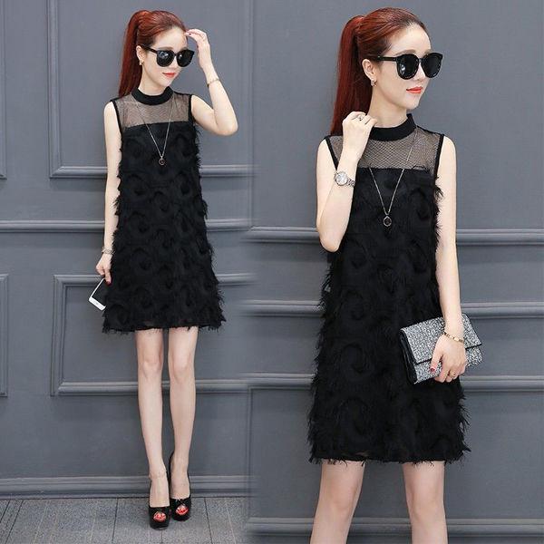 Summer Women Mesh Gauze Stitched Sleeveless Chiffon Dress Fringed Sexy Dress A-line Dress