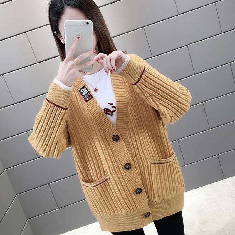 Autumn and Winter Models Loose and Thin Ladies Sweater Coat Loose Women Trendy Fashion Wild V-neck Long-sleeved Sweater Women Cardigan