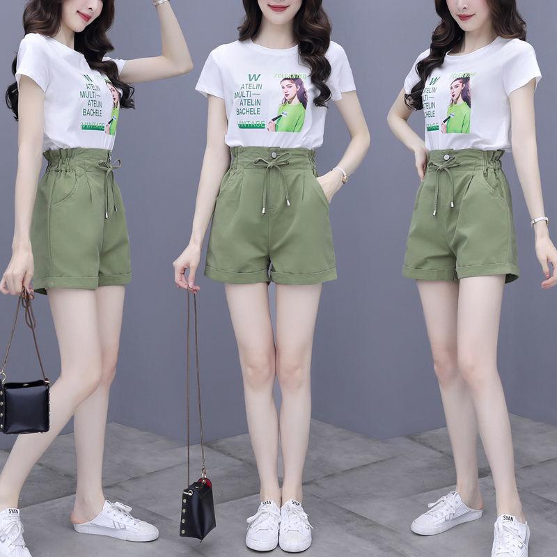 Casual Suit Women's Summer Cotton Printed Short-sleeved Cute Two-piece Round Neck Short-sleeved T-shirt Shorts Casual Suit