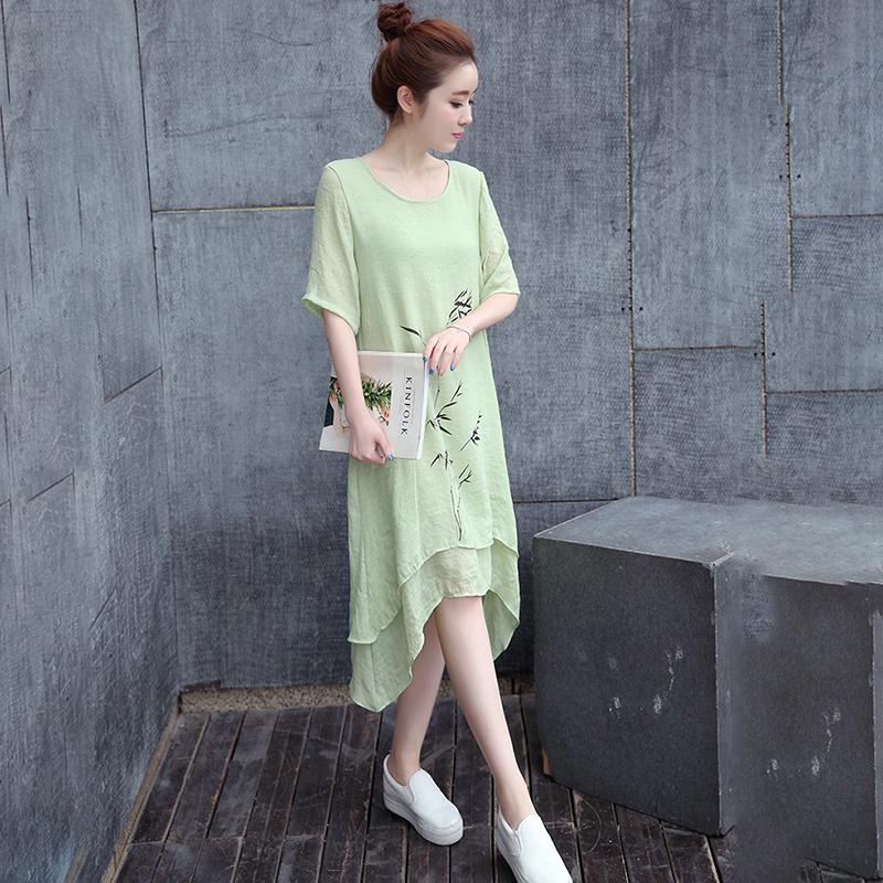 Summer Dress Retro Ethnic Print Dress Mid-length Elegant Temperament Women's Thin Dress Round Neck Short Sleeves Loose Casual and Comfortable